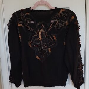 Vintage Black and Gold  And Brown Embroidered Sweater SZ Small